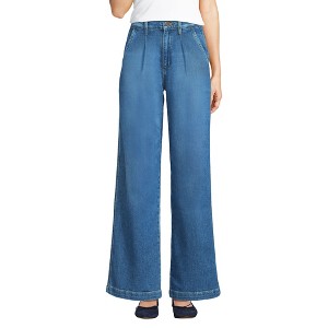 Lands' End Women's High Rise Soft Denim Pleated Wide Leg Trousers - 1 of 4