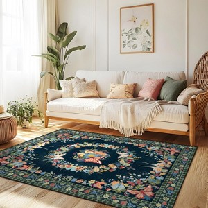 Large Beige Butterfly Floral Area Rug, Ultra-Thin Non-Slip Washable Mat for Living Room & Bedroom - 1 of 4