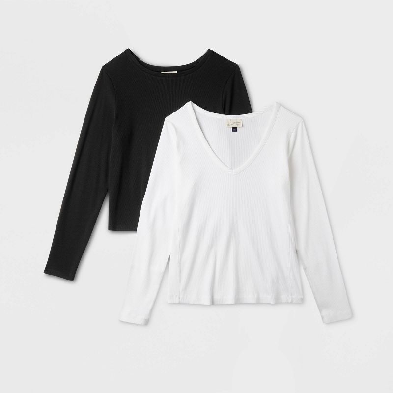Women's 2pk Long Sleeve Shrunken Rib T-Shirt - Universal Thread™ White/Black, 5 of 6