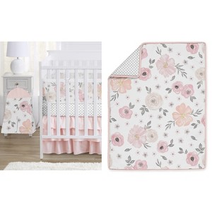 Sweet Jojo Designs Crib Bedding + BreathableBaby Breathable Mesh Liner Girl Watercolor Floral Pink Grey and White - 6pcs - 1 of 4