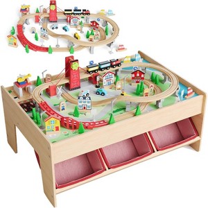 Wooden Train Table for Kids,  Activity Play Set with Reversible Top, Train Tracks & Built-in Storage, Natural Wood Toddler Toy - 1 of 4