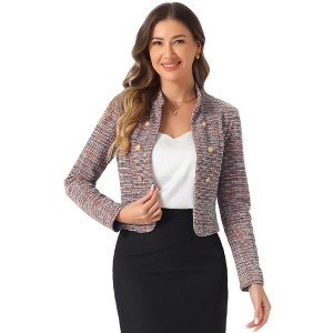 INSPIRE CHIC Women's Tweed Stand Collar Business Open Front Cropped Jacket - 1 of 4