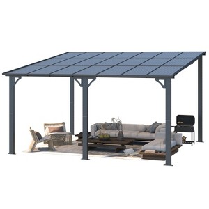 CLIHOME 14 ft. x 12 ft. Outdoor Lean to Gazebo Hardtop Wall Mounted Pergola with Polycarbonate Patio Cover for Patio Lawn - 1 of 4