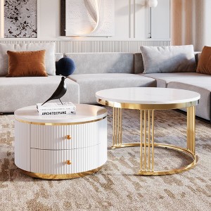 Sapphtopaz Modern Nesting Coffee Table Round Coffee Bar with 2 Drawers Nesting Tables, Coffee Tables for Living Room, Bedroom - 1 of 4