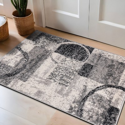 Cream and Gray Abstract Circle Design Area Rug 2' x 3'