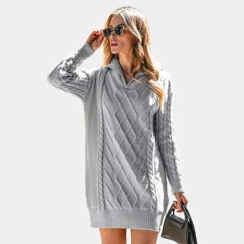 Women's Grey Pull-Zip Cable Knit Sweater Dress - Cupshe