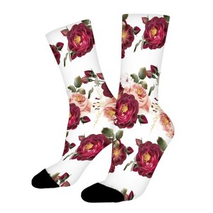 Maroon And Peach Floral Women Printed Crew Socks Funny Funky Socks Soft Polyester Novelty Gifts for Artists Men - 1 of 4
