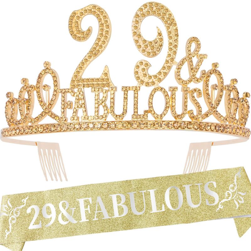 EBE EmmasbyEmma 29th Birthday Sash and Tiara for Women - Fabulous Set: Glitter Sash + Fabulous Rhinestone Gold Premium Metal Tiara for Women, 1 of 4