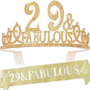 EBE EmmasbyEmma 29th Birthday Sash and Tiara for Women - Fabulous Set: Glitter Sash + Fabulous Rhinestone Gold Premium Metal Tiara for Women