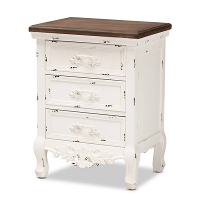 Levron Antique White and Walnut Brown 3-Drawer Solid Wood Nightstand