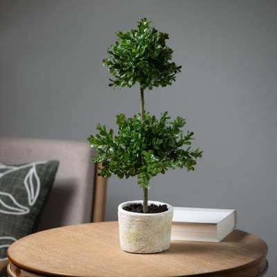 Green Plastic Double Boxwood Topiary in White Pot