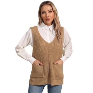 Women's Casual Sleeveless Sweater Vest Soft V-Neck Tank Top with Pockets Lightweight Vest - 1 of 4
