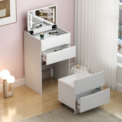SKRAN 3 in 1 Vanity Desk with open Top Mirror,Small Make Up Vanity Set with Visible Glass Desktop with 3 Drawers,Dressing Table for Bedroom,White
