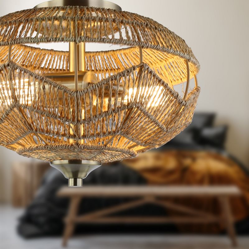 9.25&#34; Oran High Brushed Gold Iron Ceiling Light with Round Tan Hemp Rope Shade - River of Goods, 3 of 9
