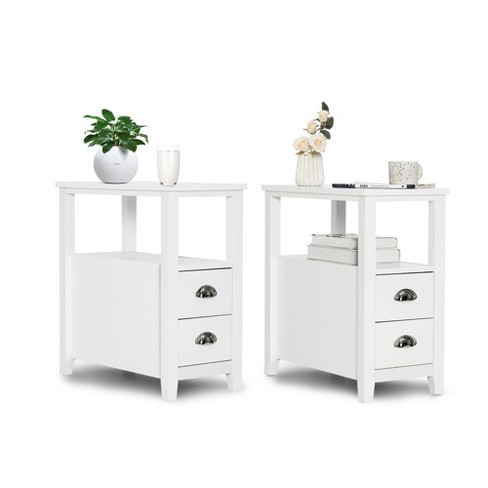 2 Tier Slim Nightstand Bedside Table with Drawer Shelf-White | Costway