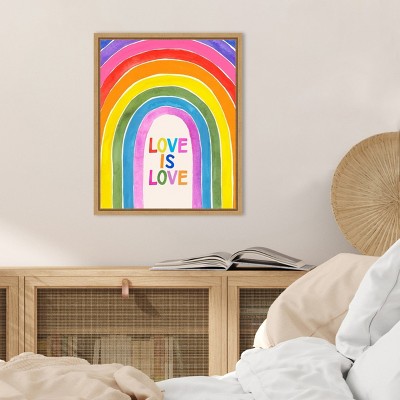 Love Loudly IV Rainbow Typography Canvas Art with Natural Maple Frame