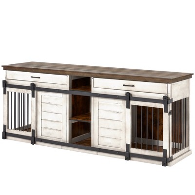 Large White Wood Dog Crate Table with Drawers