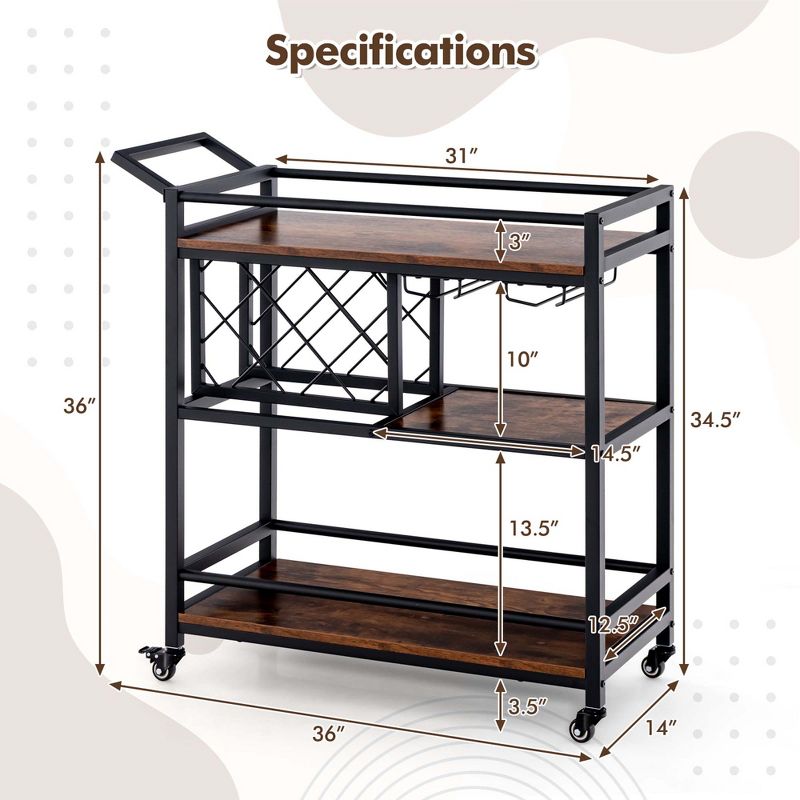 Costway 3-tier Bar Cart on Wheels Home Kitchen Serving Cart with Wine Rack & Glass Holder Rustic Brown/Brown, 3 of 11