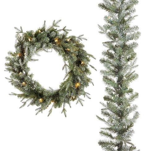 Noma 24 Inch Pre-lit Battery Operated Frosted Fir Artificial Indoor Wreath  And 9 Foot Garland Holiday Mantle Decor With Warm White Led Lights, Green :  Target