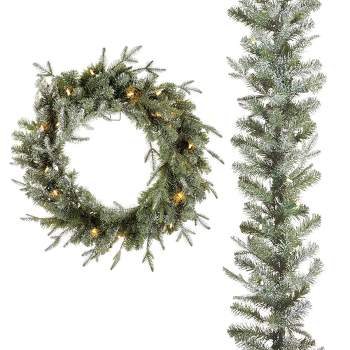 Noma 24 Inch Pre-Lit  Battery Operated Frosted Fir Artificial Indoor Wreath and 9 Foot Garland Holiday Mantle Decor with Warm White LED Lights, Green