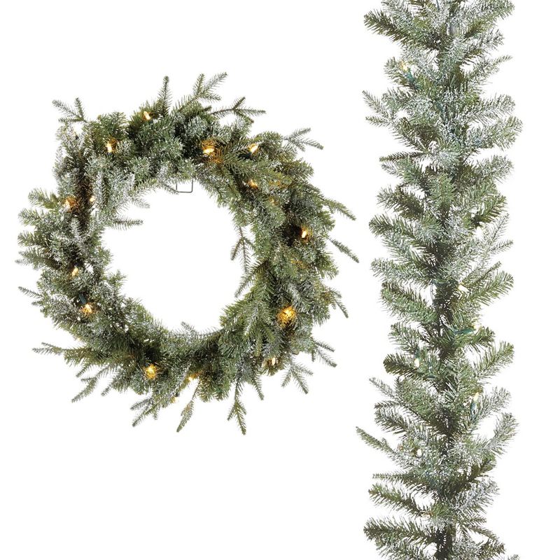 Noma 24 Inch Pre-Lit  Battery Operated Frosted Fir Artificial Indoor Wreath and 9 Foot Garland Holiday Mantle Decor with Warm White LED Lights, Green, 1 of 7