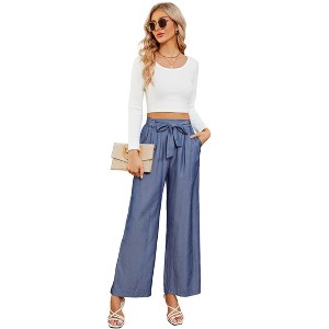 Women's Wide - Leg Jeans with Waist Tie Bow, High - Waisted Casual Denim Pants - 1 of 4