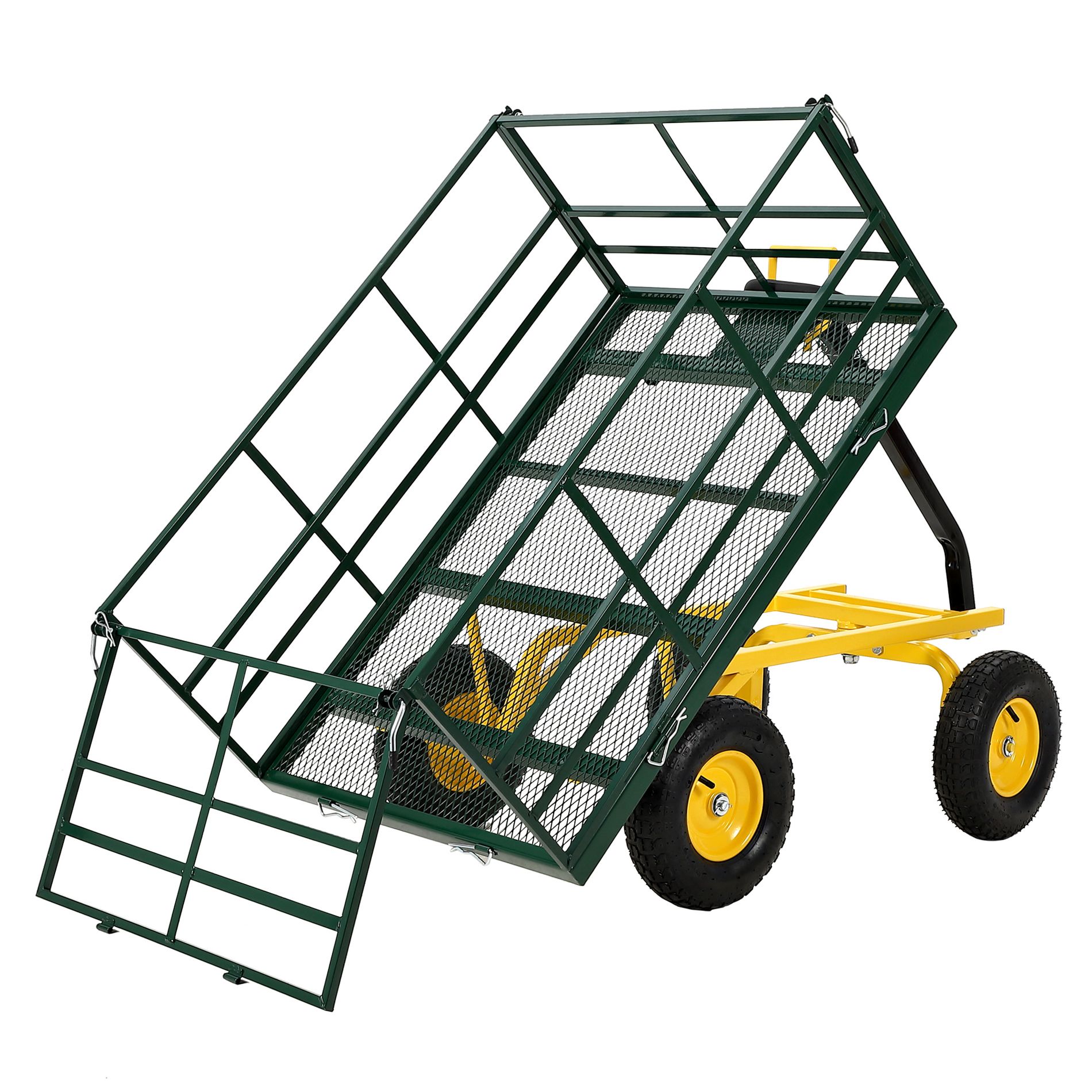 1400 Lbs Steel Garden Dump Cart, Heavy Duty Pullable Garden Wagon Yard Cart, 4 in 1 Outdoor Metal Utility Wagon Yard Trailer, Mesh Removable Sides