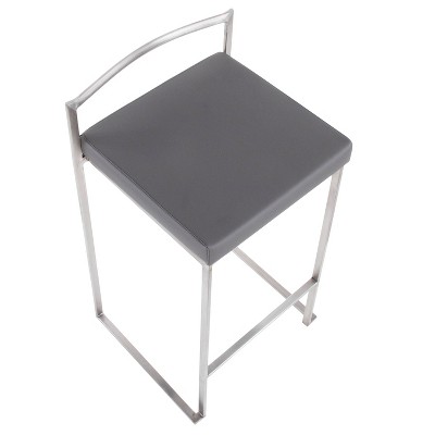 Modern Stainless Steel Counter Stools with Grey Faux Leather Cushion - Set of 2