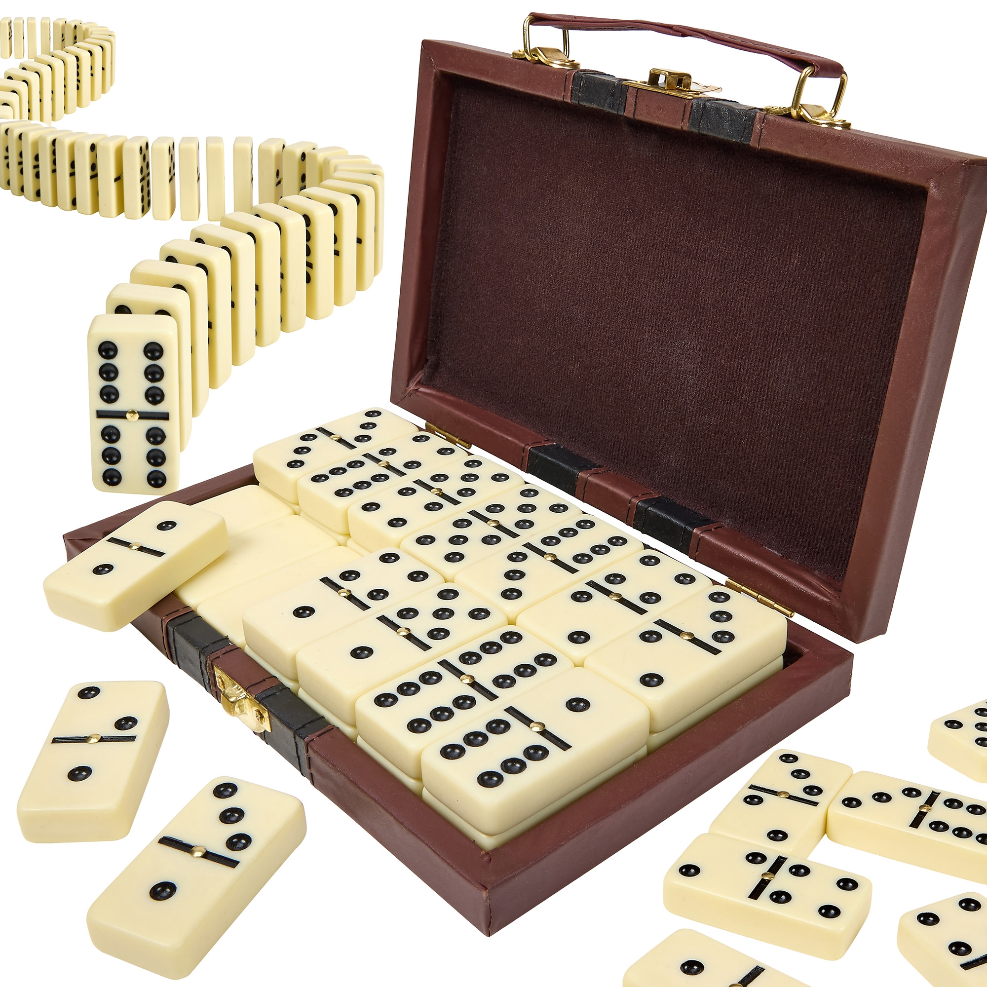 Playbees Premium Double Six Dominoes Set - 28 White Jumbo Tiles in Faux Leather Case