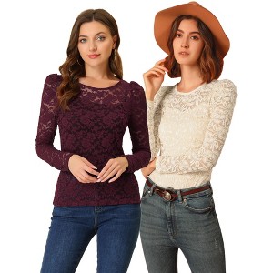 INSPIRE CHIC Women's Vintage Semi-Sheer Puff Long Sleeve Embroidery Lace Floral Blouse 2 Packs - 1 of 4