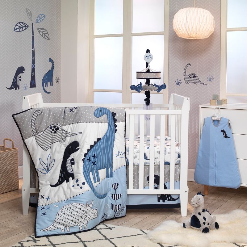 Lambs & Ivy Baby Dino 100% Cotton Blue/White/Gray Dinosaur Fitted Crib Sheet, 4 of 6