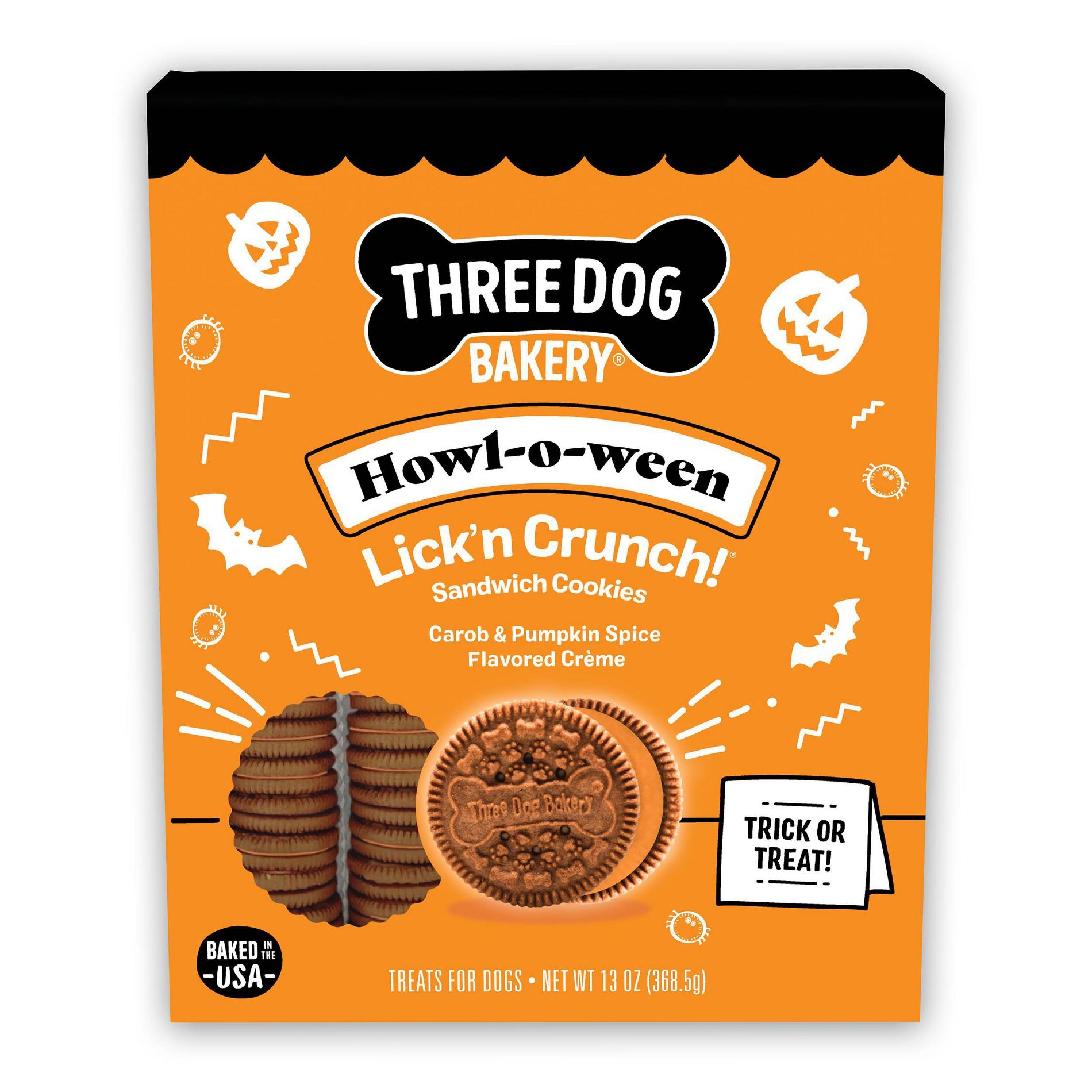 Three Dog Bakery Howl-o-ween Lick'n Crunch Cookie with Carob and Pumpkin Dog Treats - 13oz