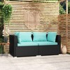vidaXL Two-Seater Outdoor Sofa - Water-Resistant Black Poly Rattan Patio Loveseat with Comfy Aqua Cushions - 2 of 4