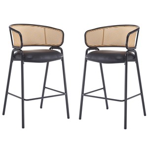 Set of 2 Metal Bar Stools with Rattan Back & PU Leather Seat,Mid-Century Modern Bar Chairs with Open Back for Kitchen Dining Room- Cuddlewood - 1 of 4