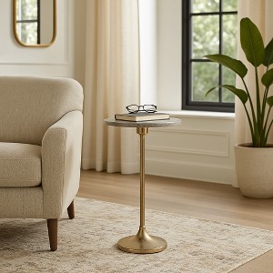 Elegant End Table, Side Table, or Small Night Stand for Room Decor - Slim Metal Drink Table with Marble Top and Trumpet Base - 1 of 4