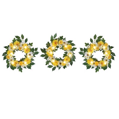 Collections Etc LED Lighted Solar Powered Artificial Daisy Wreaths - Set of 3