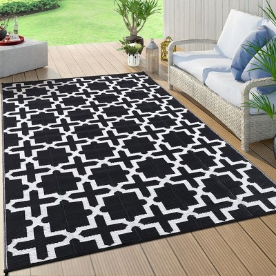 Plastic Straw Rug Outdoor Rug Waterproof Reversible Modern Area Rug Outdoor Patio Rug, 6'x9' Black White