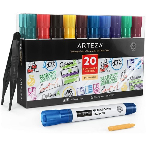 Arteza Washable Glass Board Markers Set, Assorted Neon Colors, Non-Toxic - 10 Pack