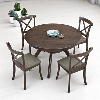 Mid-Century Modern 5-Piece Round Dining Table Set, Rubber Wood Kitchen Table with 4 Upholstered Cross-Back Chairs for Small Spaces or Dining Room