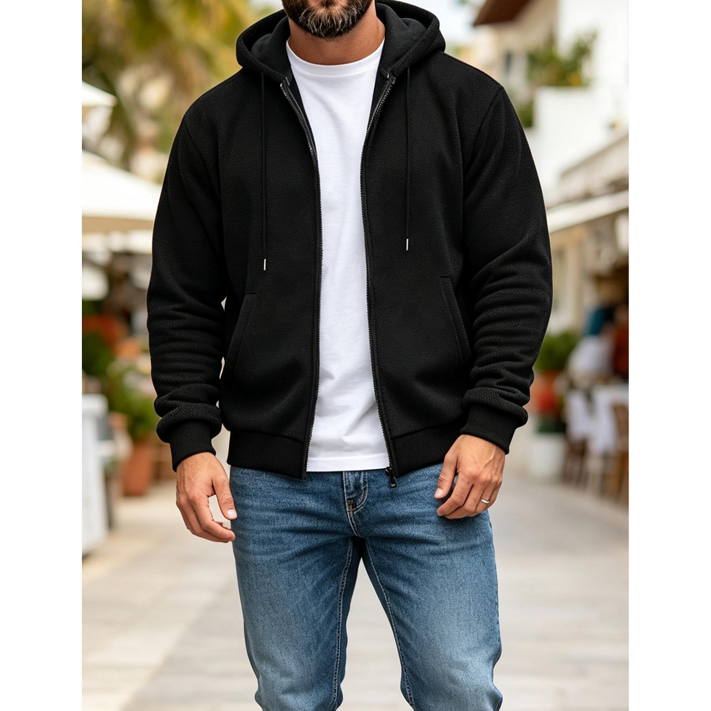 Мужское пальто YesFashion Men Full Zip Hooded Sweatshirt Jacket Drawstring Outerwear Long Sleeve Casual Zip‑Up Coat, XL, Black, цвет: Чёрный — фото 5