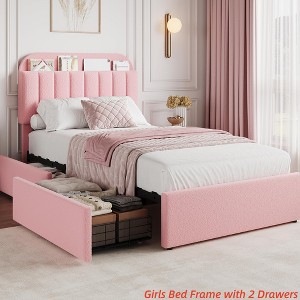Twin/FULL/Queen/Twin XL Size Kids'Bed Frame with 2 Flexible Drawers, Boucle Upholstered Platform Bed Frame w/ Bookcase Headboard, Bedframe - 1 of 4
