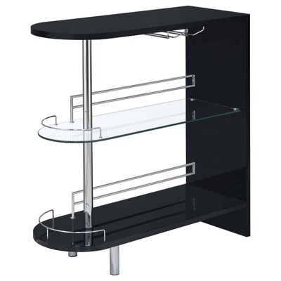 Contemporary Glossy Black Glass-Top Bar Table with Stemware Storage