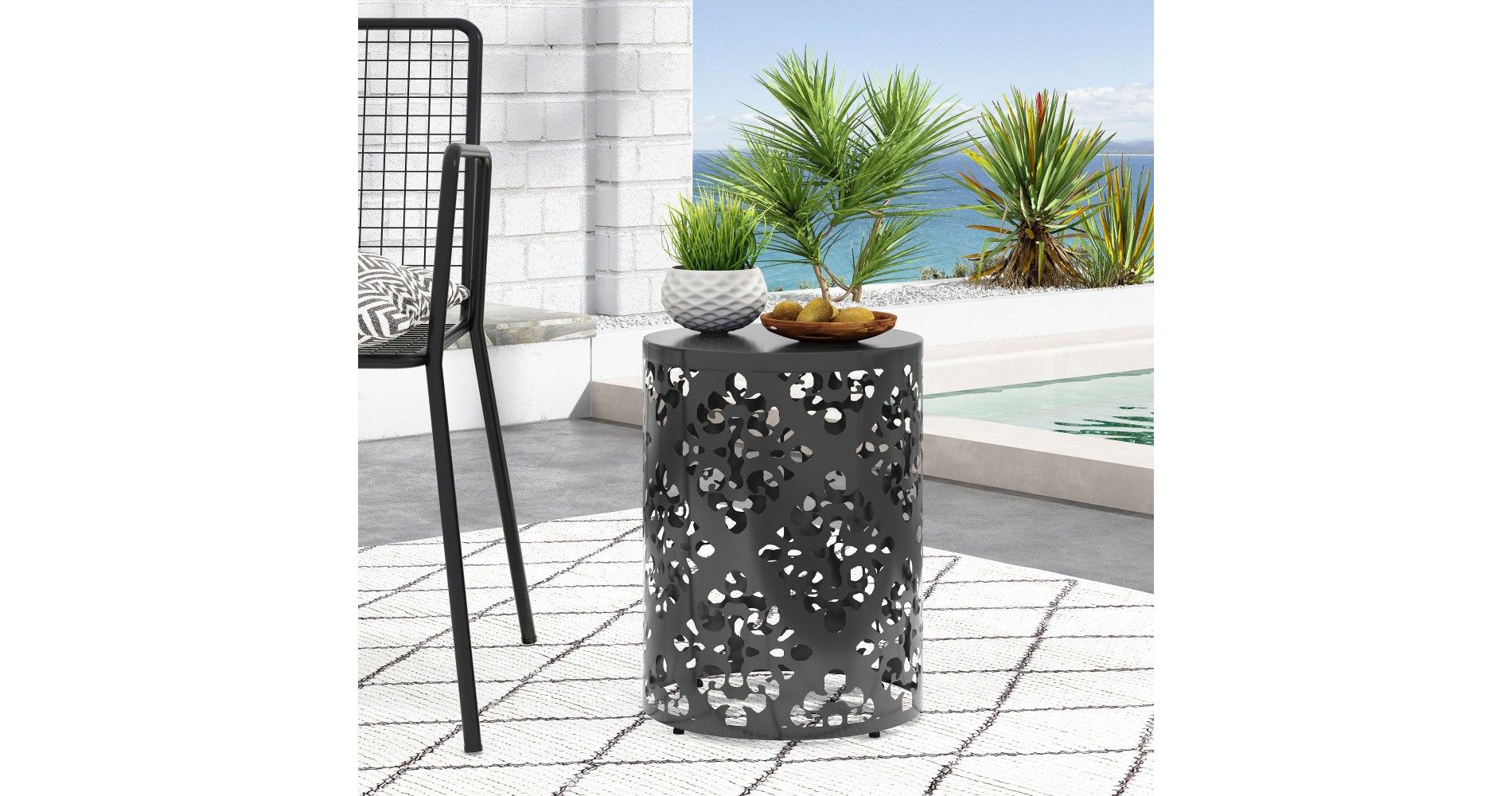 TUYOHW Round Patio End Table,Metal Patio Side Table for Backyard,Pool, Indoor Companion,Durable and Rustproof,Black