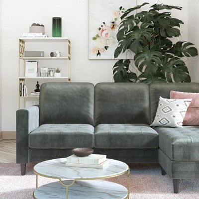 Light Gray Velvet Tufted Sectional Sofa with Ottoman