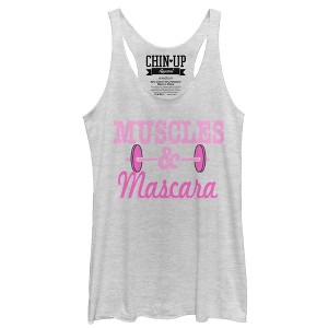 Women's CHIN UP Barbell Muscles and Mascara Racerback Tank Top - 1 of 3