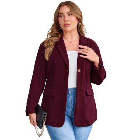 Женские кардиганы YesFashion Women Plus Size Blazer Jacket, Notched Lapel One‑Button Open Front Cardigan, 3/4 Ruched Sleeve Business Casual Outerwear, XL, Wine Red, цвет: Винный