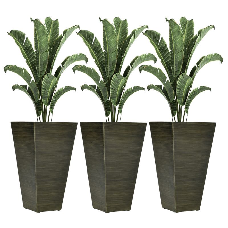 Outsunny 28" Tall Outdoor Planters, Set of 3 Large Taper Planters with Drainage Holes and Plug, Faux Wood Plastic Flower Pots, Dark Brown, 1 of 7