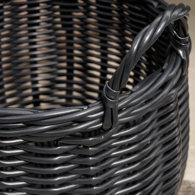 Lucius Round Black Resin Woven Wicker Basket with Handles 13" x 13" x 13"
