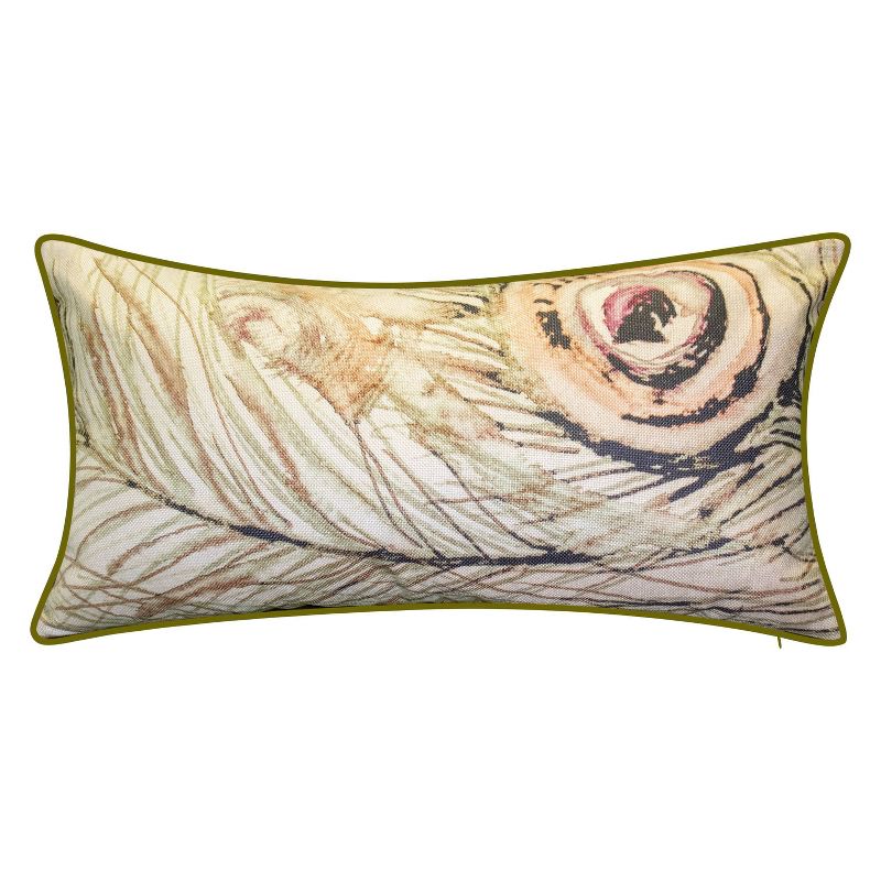 12&#34;x24&#34; Oversized Watercolor Peacock Feather Print Faux Linen Front with Velvet Back and Welt Lumbar Throw Pillow Beige - Edie@Home, 1 of 9