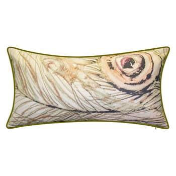 12"x24" Oversized Watercolor Peacock Feather Print Faux Linen Front with Velvet Back and Welt Lumbar Throw Pillow Beige - Edie@Home